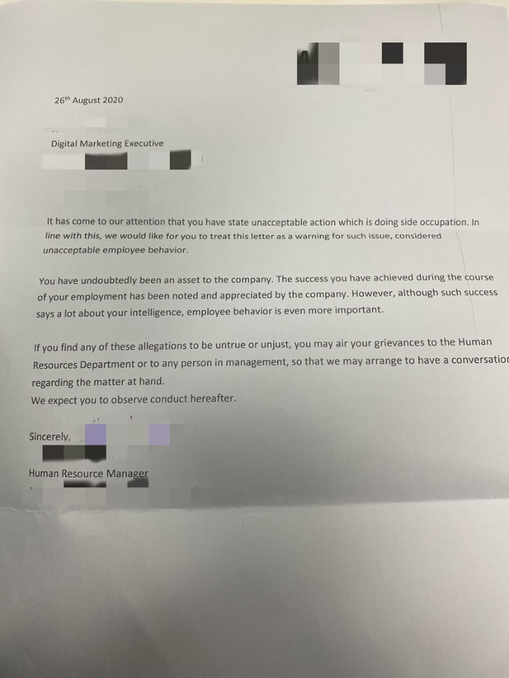 Can HR give a warning letter because I earn side income?