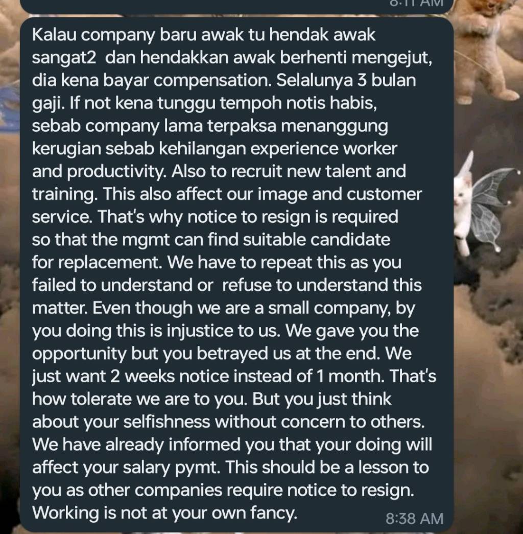 Tiada sign apa² contract perjanjian , bila nk resign 24hours majikan minta bayar ganti rugi.
